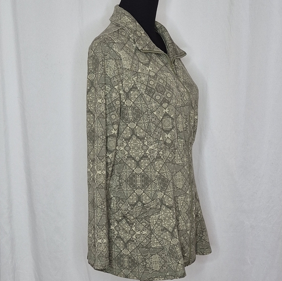 Soft Surroundings Green Patterned Ruched Neck Peplum Waist Zip Jacket - Size M - Picture 3 of 11